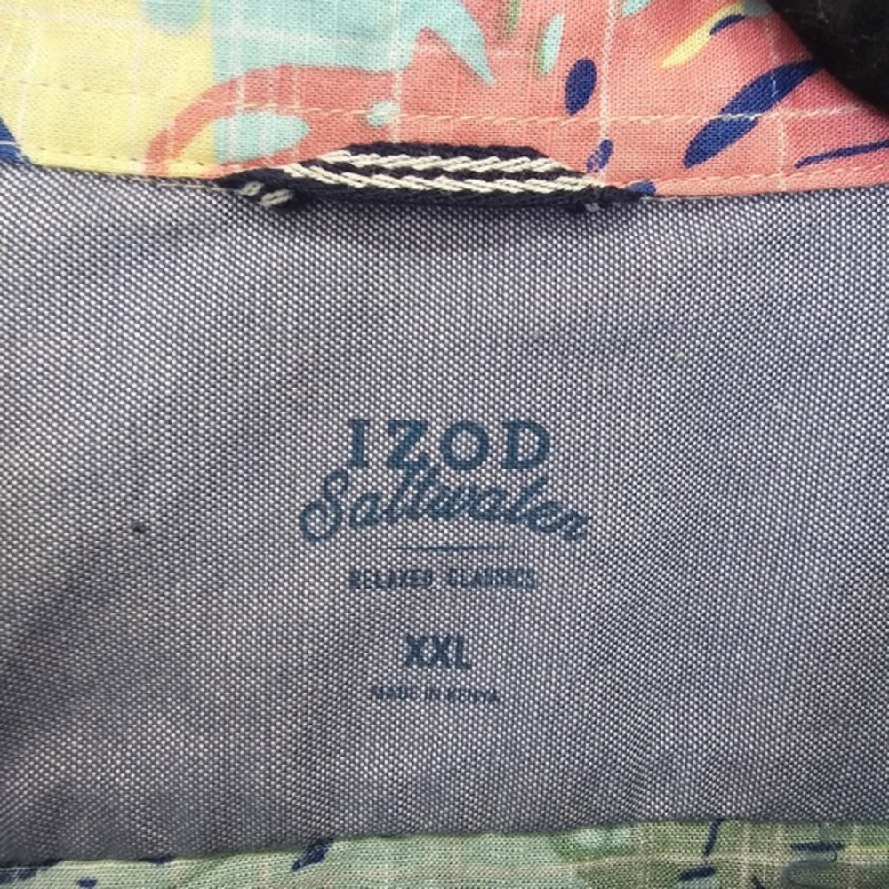 IZOD Saltwater Button Up Shirt Mens 2XL Blue Hawaiian‎ Tropical Aloha Leaf Beach - Picture 3 of 8